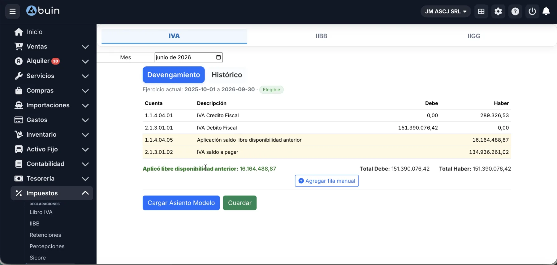 Devengamiento de IVA en Buin con aplicación de saldo libre disponibilidad anterior y asiento balanceado